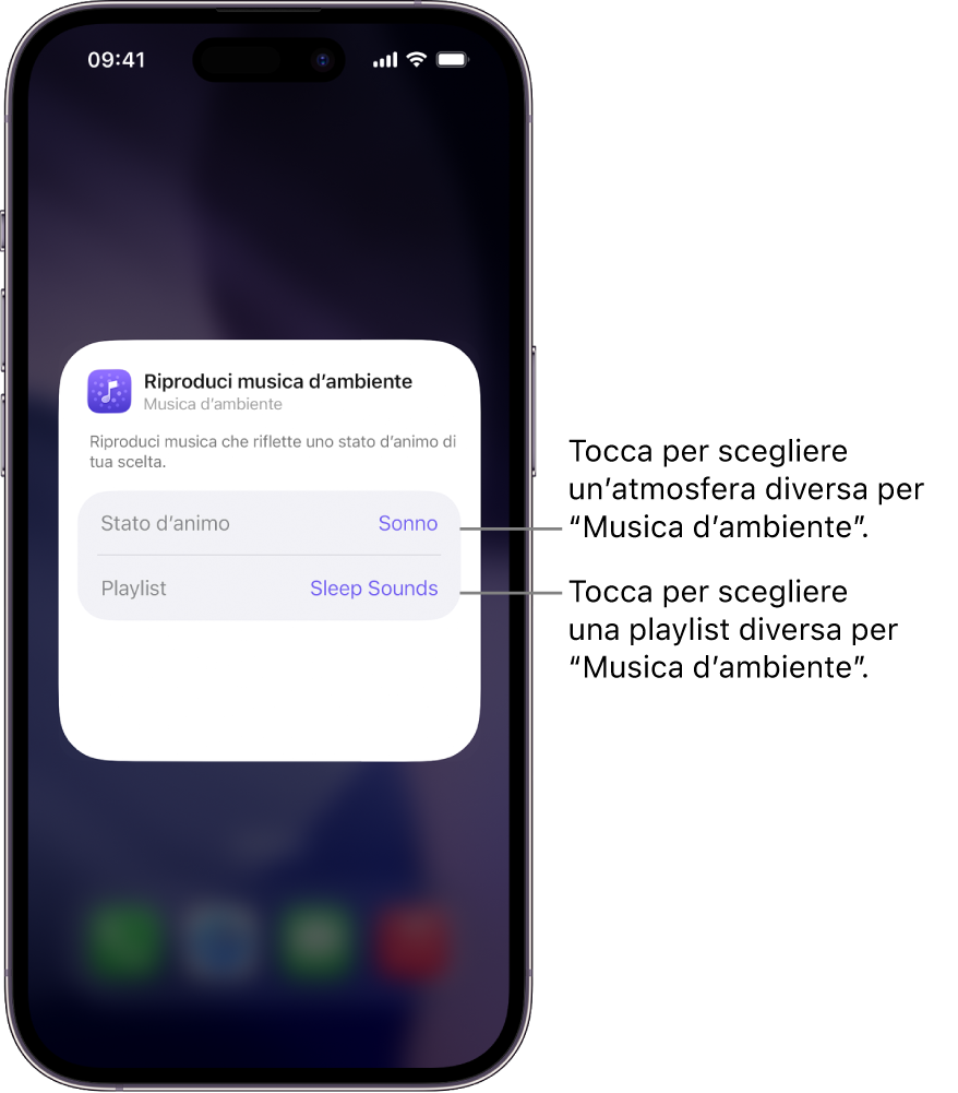 La schermata di iPhone che mostra le opzioni “Stato d’animo” e Playlist nel widget piccolo di “Musica d’ambiente”