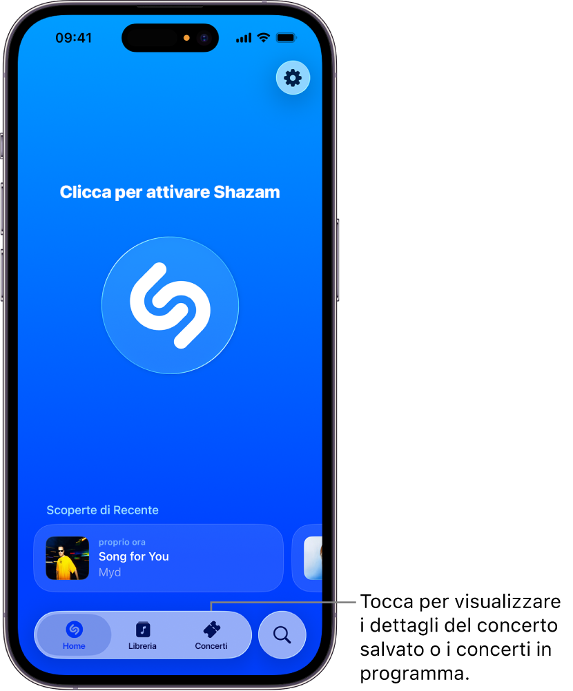 La schermata iniziale di Shazam che mostra il pulsante dei concerti.