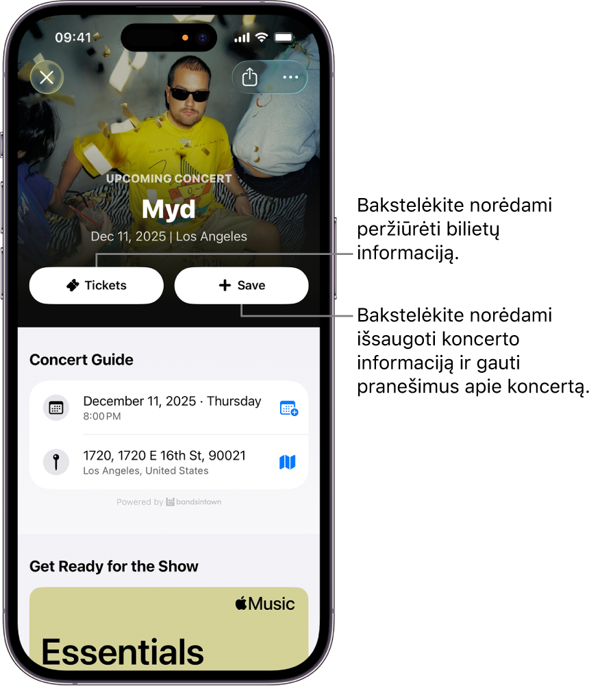 Rodomi programos „Shazam“ funkcijos „Concert Guide“ mygtukai „Tickets“ ir „Save“
