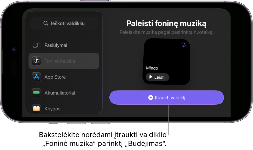 „iPhone“ budėjimo ekrano redagavimo režime rodomas „Foninės muzikos“ valdiklis ir mygtukas „Įtraukti valdiklį“