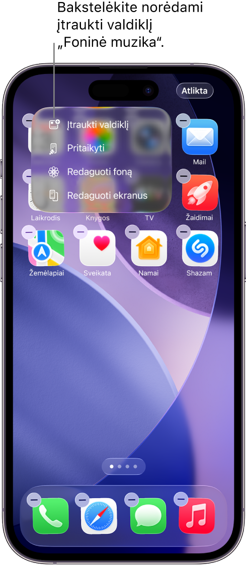 „iPhone“ pradžios ekrano redagavimo meniu rodomas elementas „Įtraukti valdiklį“