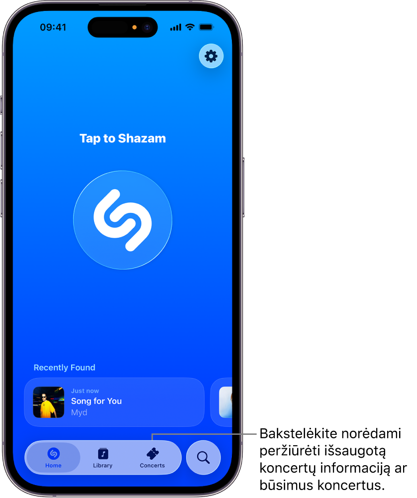 Programos „Shazam“ pradžios ekrane rodomas mygtukas „Concerts“