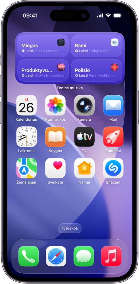 „iPhone“ pradžios ekrane rodomas vidutinio dydžio „Foninės muzikos“ valdiklis