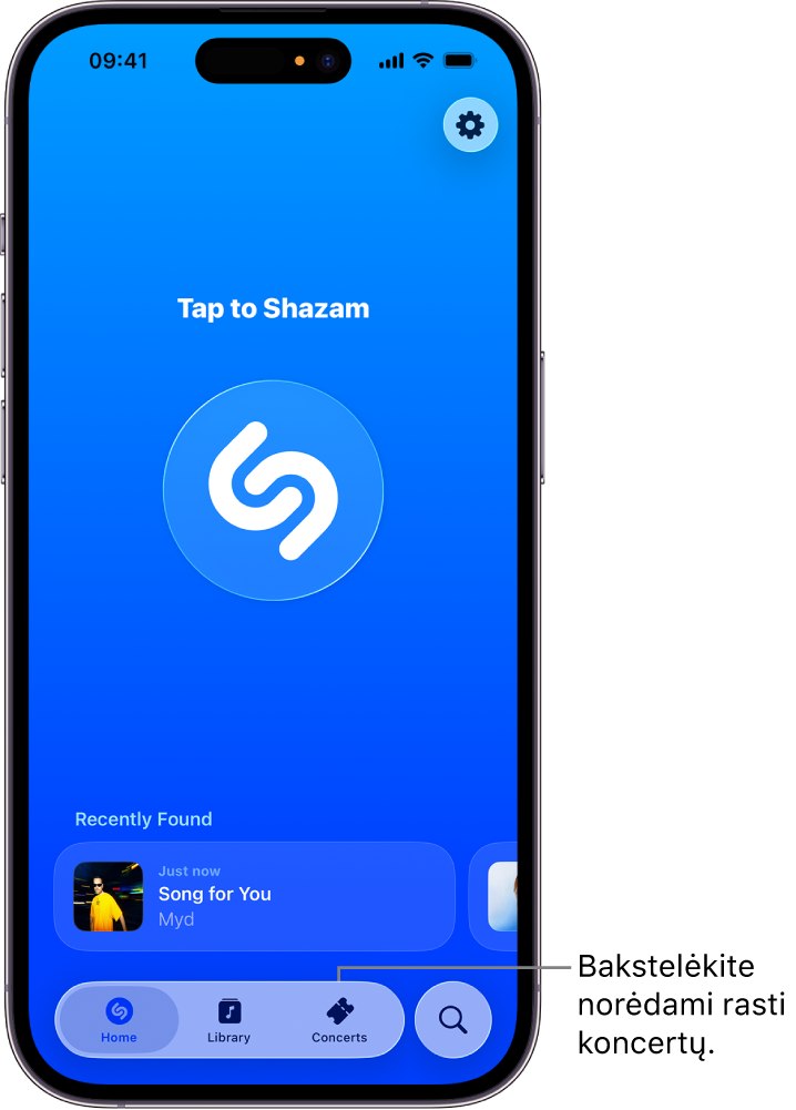 Programos „Shazam“ pradžios ekrane rodomas mygtukas „Concerts“