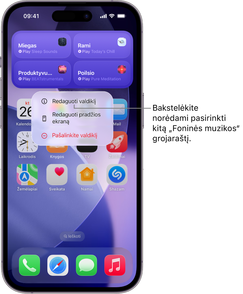 „iPhone“ pradžios ekrano valdiklio meniu rodomas elementas „Redaguoti valdiklį“