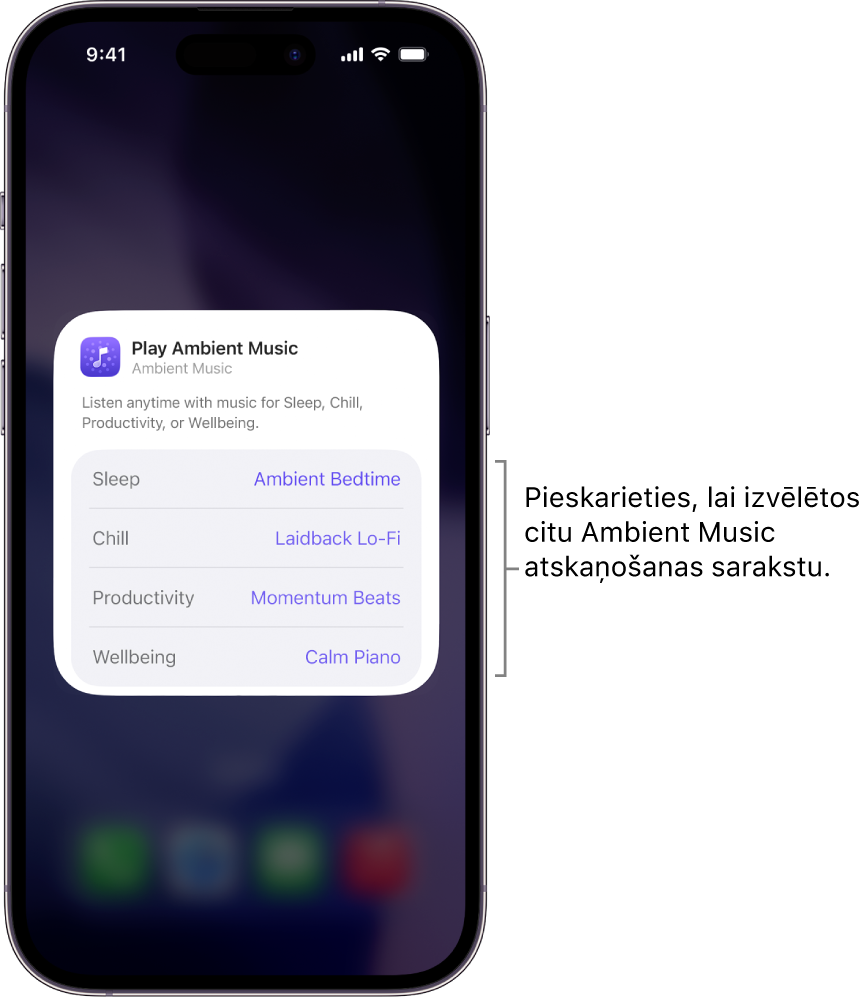iPhone tālruņa ekrāns, kurā redzams vidējais Ambient Music logrīks un opcijas Mood un Playlist