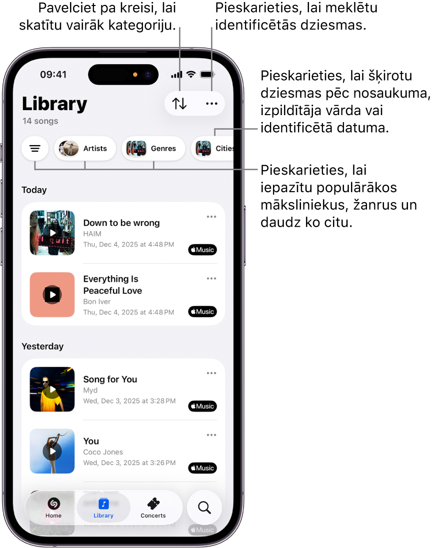 Lietotnes Shazam bibliotēka ar meklēšanas un kārtošanas iespējām