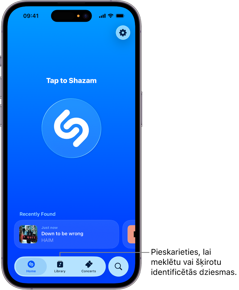 Lietotnes Shazam sākuma ekrāns, kurā redzama poga Library
