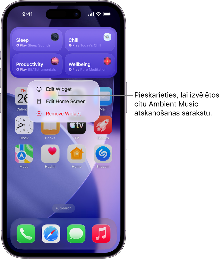 iPhone tālruņa sākuma ekrāns, kurā redzams izvēlnes Widget elements Edit Widget