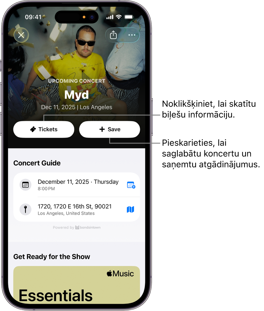 Lietotnes Shazam sadaļā Concert Guide redzamas pogas Tickets un Save
