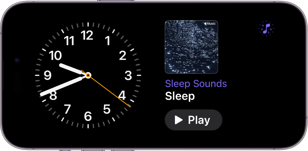 iPhone StandBy ekrāns ar Clock logrīku un Ambient Music logrīku