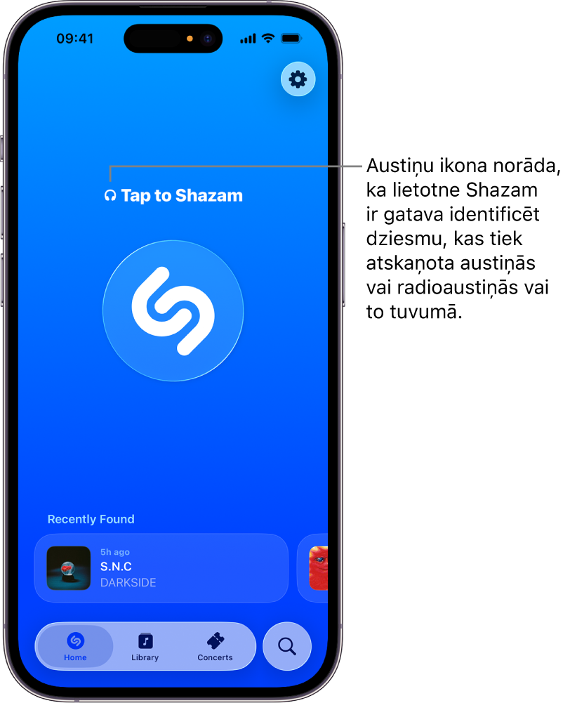 Lietotnes Shazam sākuma ekrāns, kurā redzamas pievienotas austiņas