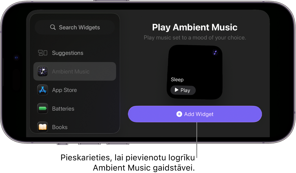 iPhone StandBy ekrāns rediģēšanas režīmā ar redzamu Ambient Music logrīku un pogu Add Widget