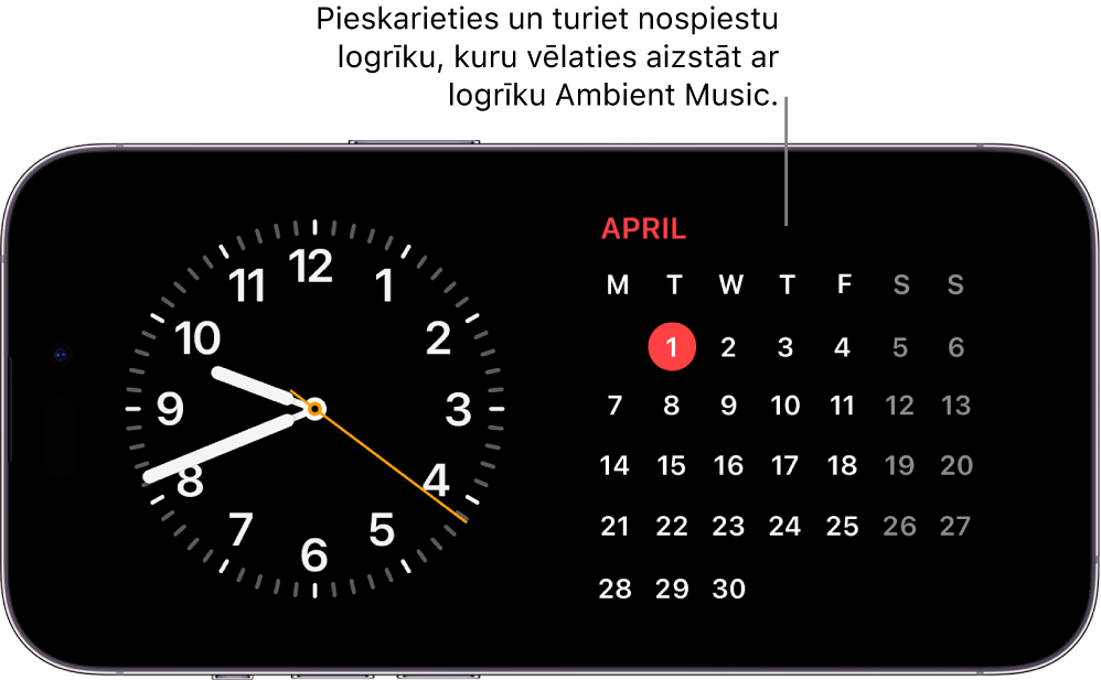 iPhone StandBy ekrāns ar Clock logrīku un Calendar logrīku