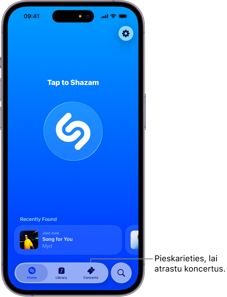 Lietotnes Shazam sākuma ekrāns, kurā redzama poga Concerts