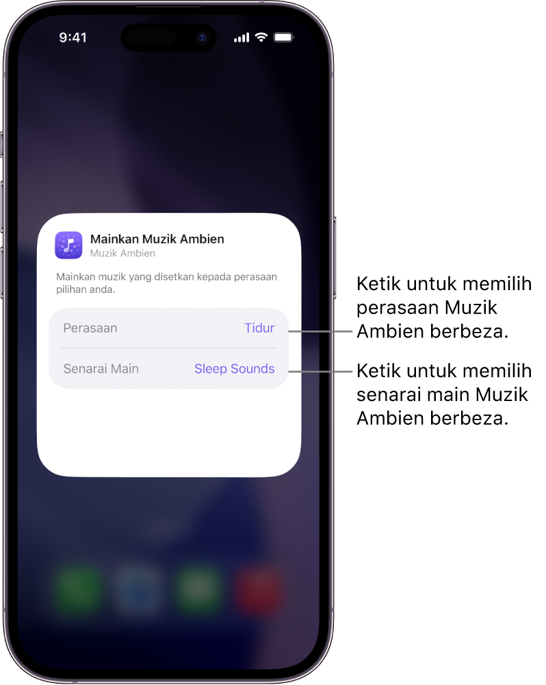 Skrin iPhone menunjukkan pilihan Perasaan dan Senarai Main dalam widget Muzik Ambien kecil