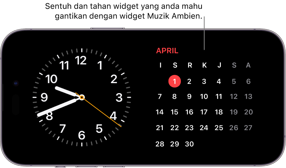 Skrin StandBy iPhone menunjukkan widget Jam dan widget Kalendar