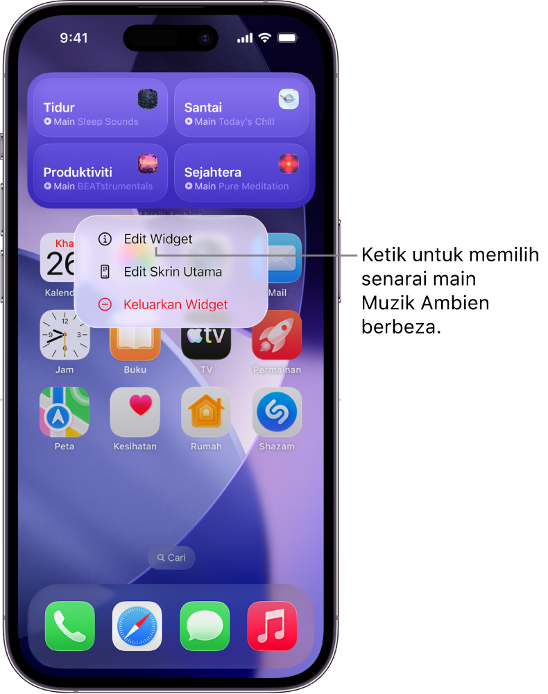 Skrin Utama iPhone menunjukkan item Edit Widget dalam menu Widget