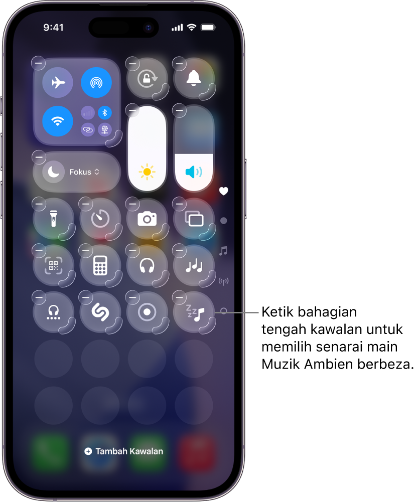 Skrin iPhone menunjukkan Pusat Kawalan dalam mod Edit