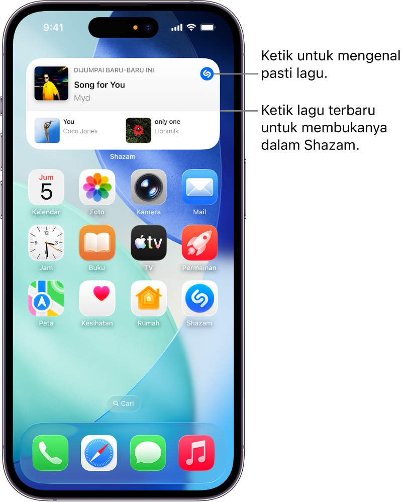 Skrin Utama iPhone menunjukkan widget Shazam