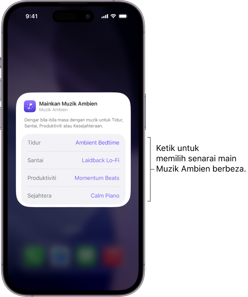 Skrin iPhone menunjukkan pilihan Perasaan dan Senarai Main dalam widget Muzik Ambien sederhana
