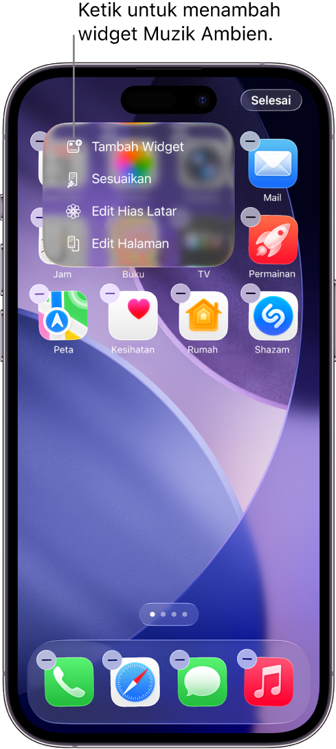 Skrin Utama iPhone menunjukkan item Tambah Widget dalam menu Edit