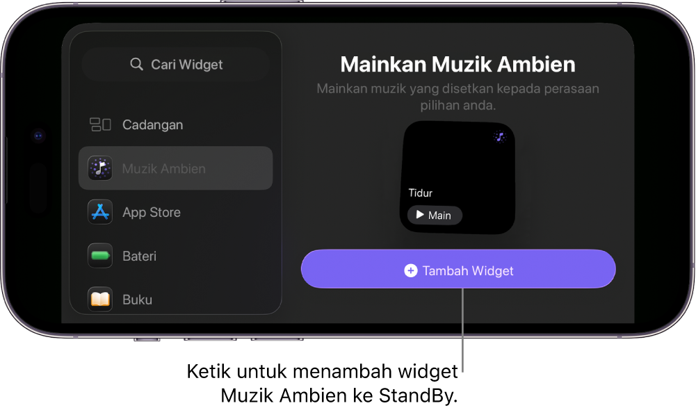 Skrin StandBy iPhone dalam mod pengeditan menunjukkan widget Muzik Ambien dan butang Tambah Widget