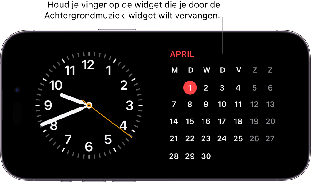 Het 'Stand-by'-scherm op de iPhone, met een Klok-widget en een Agenda-widget.