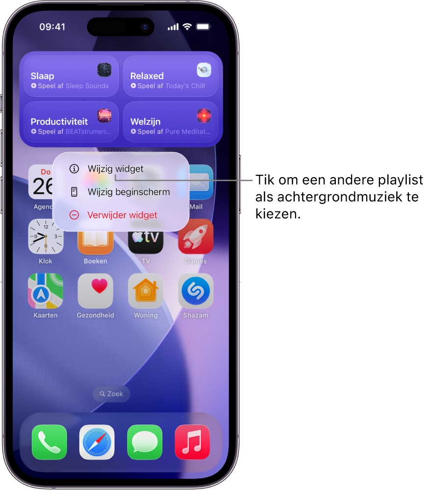 Het beginscherm van de iPhone, met het onderdeel 'Wijzig widget' in het menu 'Widget'.