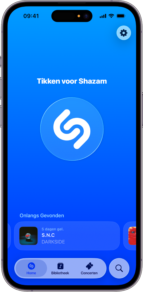 Beginscherm van de Shazam-app