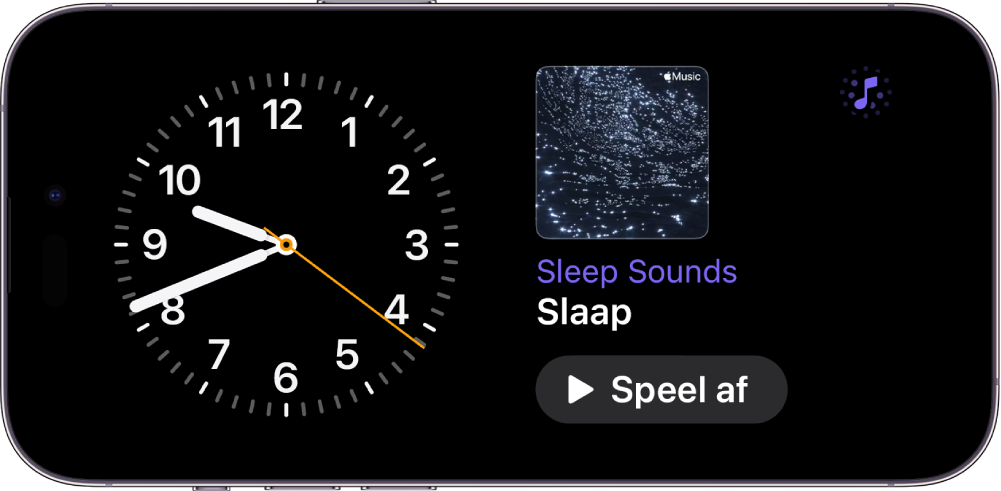 Het 'Stand-by'-scherm op de iPhone, met een Klok-widget en een Achtergrondmuziek-widget.