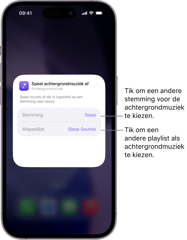 Een iPhone-scherm met de opties 'Stemming' en 'Afspeellijst' in de kleine Achtergrondmuziek-widget.