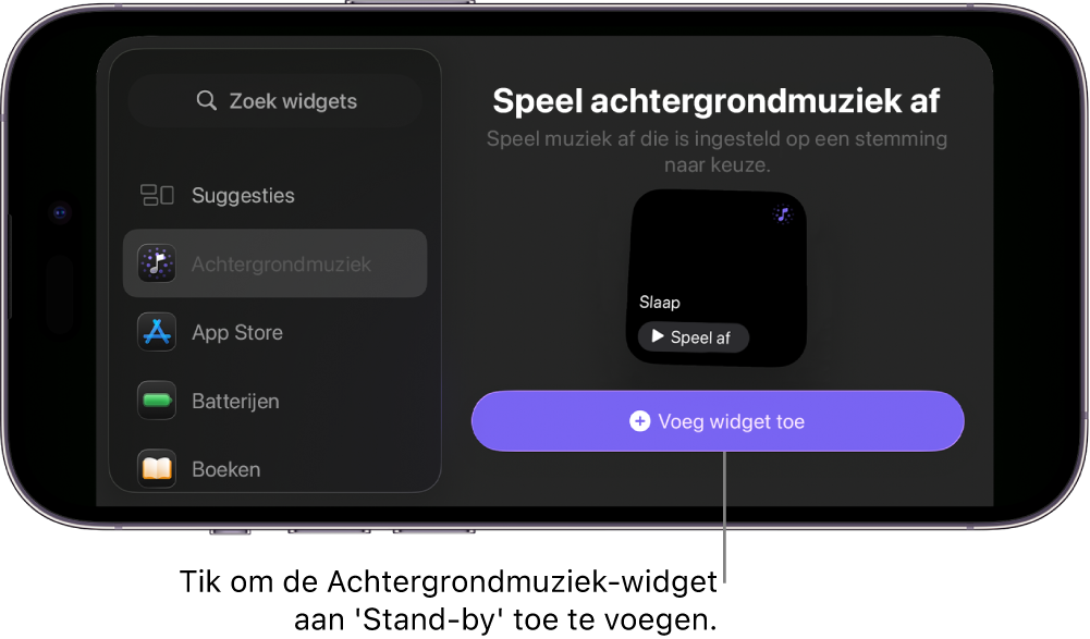 Het 'Stand-by'-scherm op de iPhone in de bewerkingsmodus, met de Achtergrondmuziek-widget en de knop 'Voeg widget toe'.