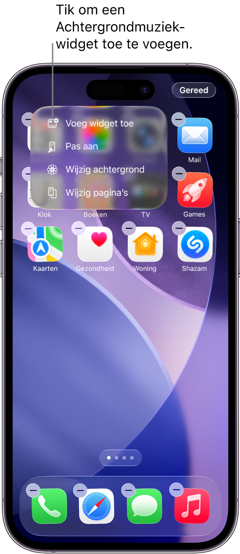 Het beginscherm van de iPhone, met het onderdeel 'Voeg widget toe' in het Wijzig-menu.