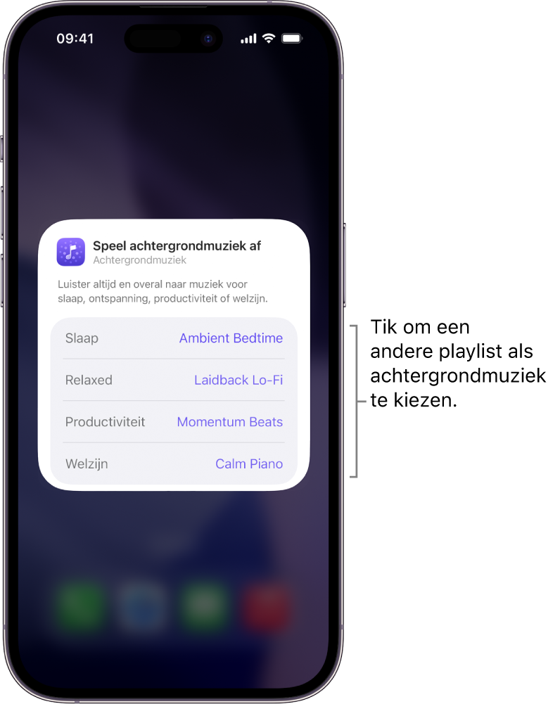 Een iPhone-scherm met de opties 'Stemming' en 'Afspeellijst' in de middelgrote Achtergrondmuziek-widget.