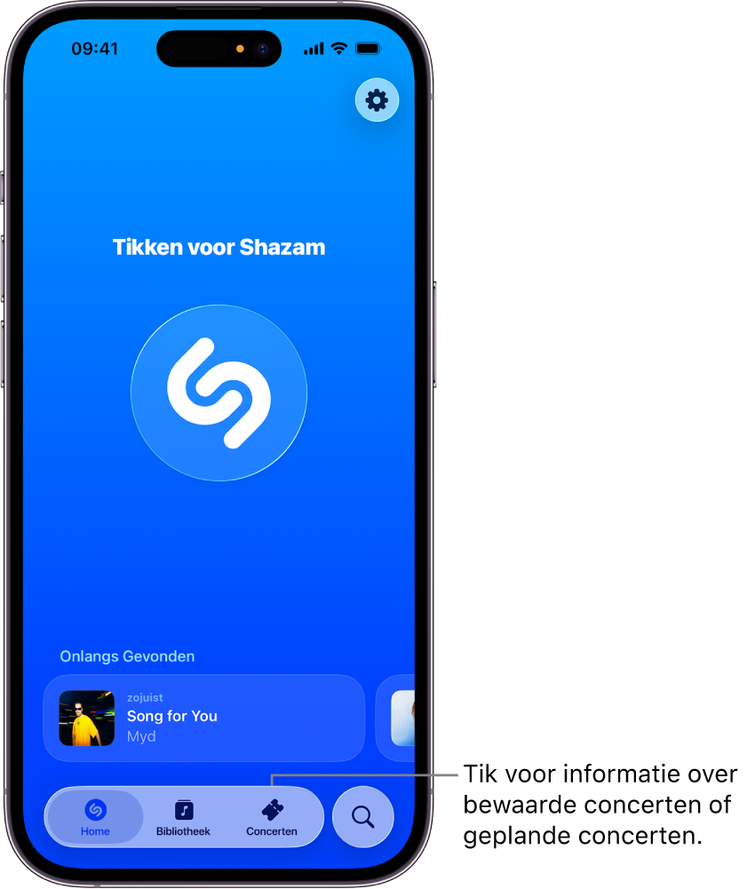 Beginscherm van de Shazam-app met de knop 'Concerten'