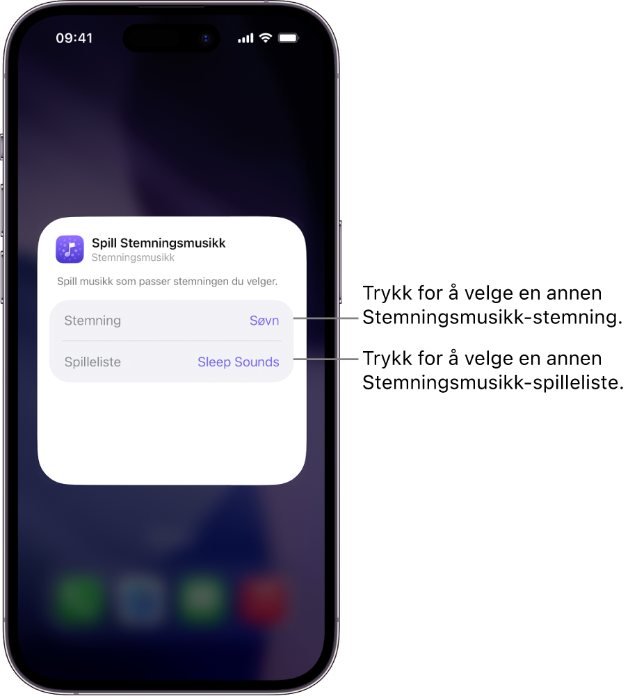 iPhone-skjermen viser valgene Stemning og Spilleliste i en liten Stemningsmusikk-widget.