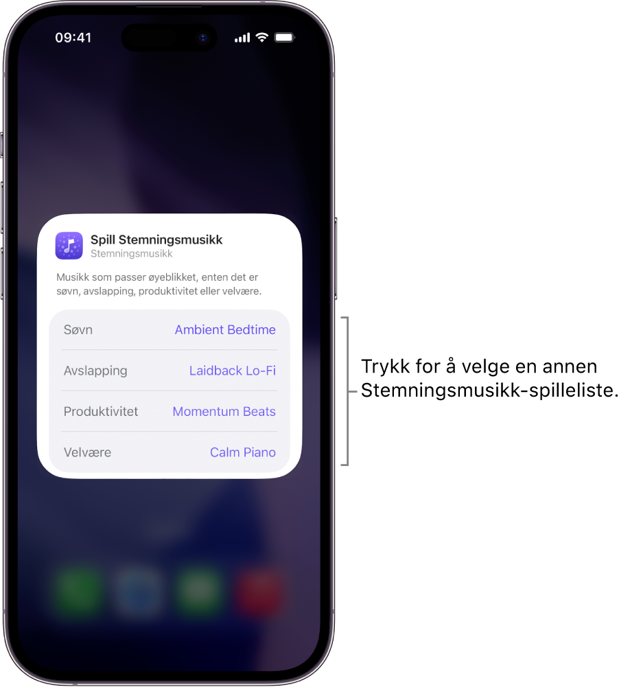 iPhone-skjermen viser valgene Stemning og Spilleliste i en mellomstor Stemningsmusikk-widget.