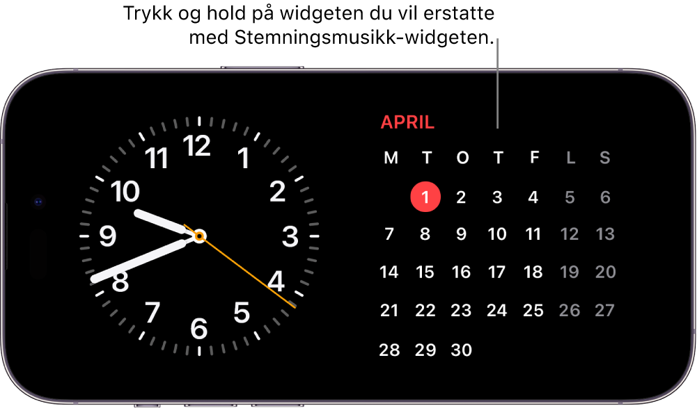 Ventemodus-skjermen på iPhone viser en Klokke-widget og en Kalender-widget.