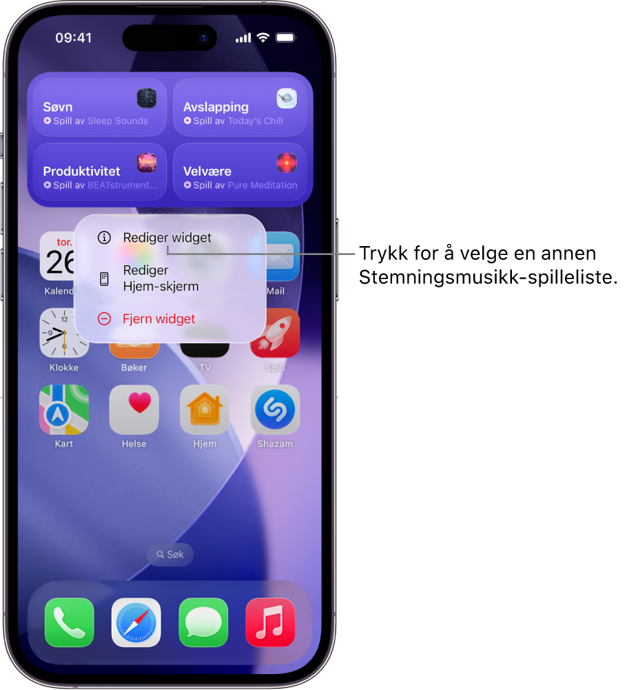 Hjem-skjermen på iPhone viser Rediger widget-valget i Widget-menyen.