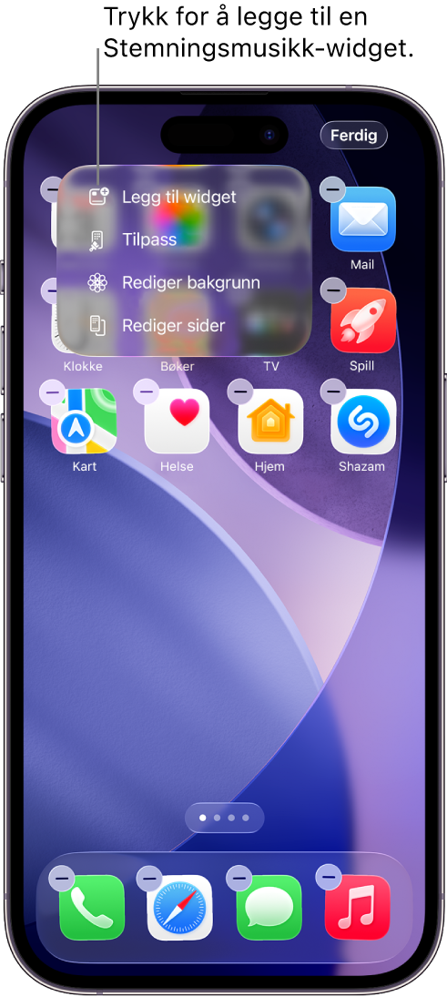 Hjem-skjermen på iPhone viser Legg til widget-valget i Rediger-menyen.