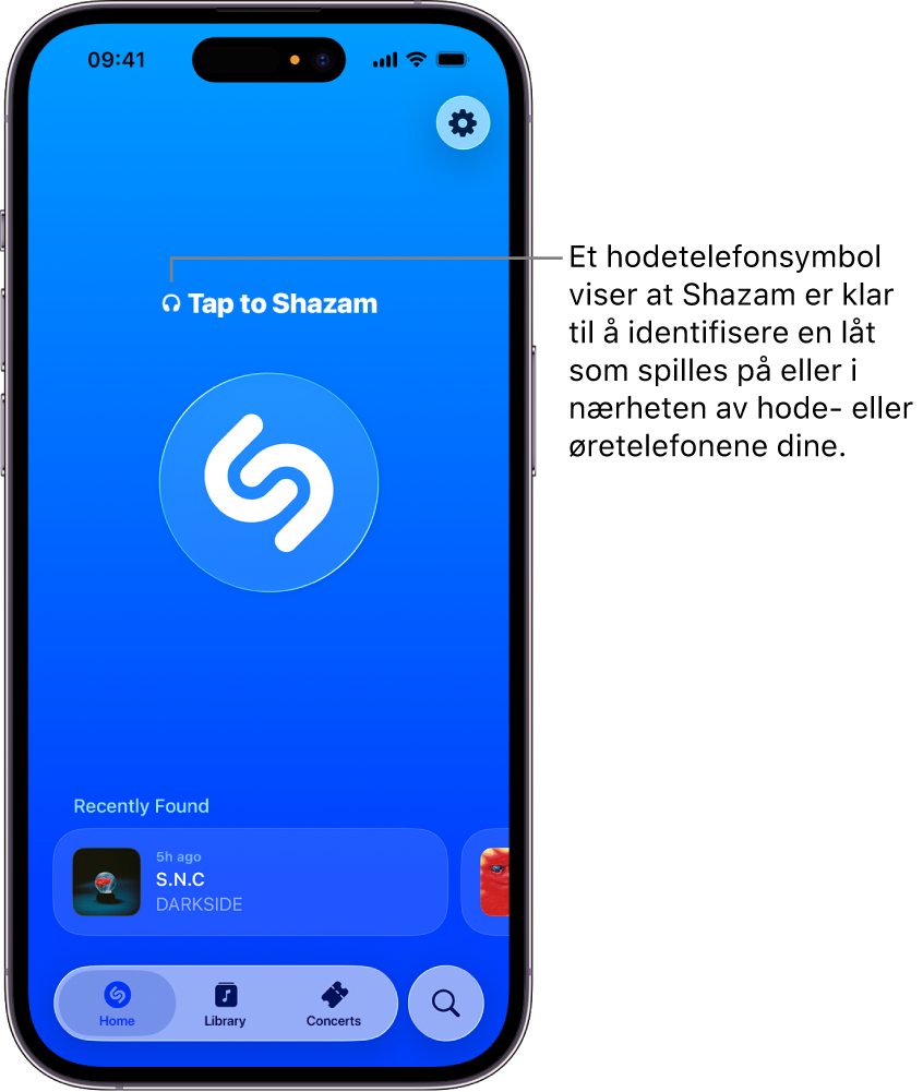Hjem-skjermen for Shazam-appen viser tilkoblede hodetelefoner