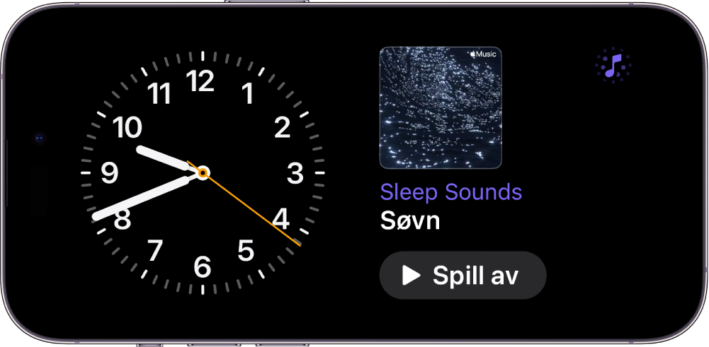 Ventemodus-skjermen på iPhone viser en Klokke-widget og en Stemningsmusikk-widget.