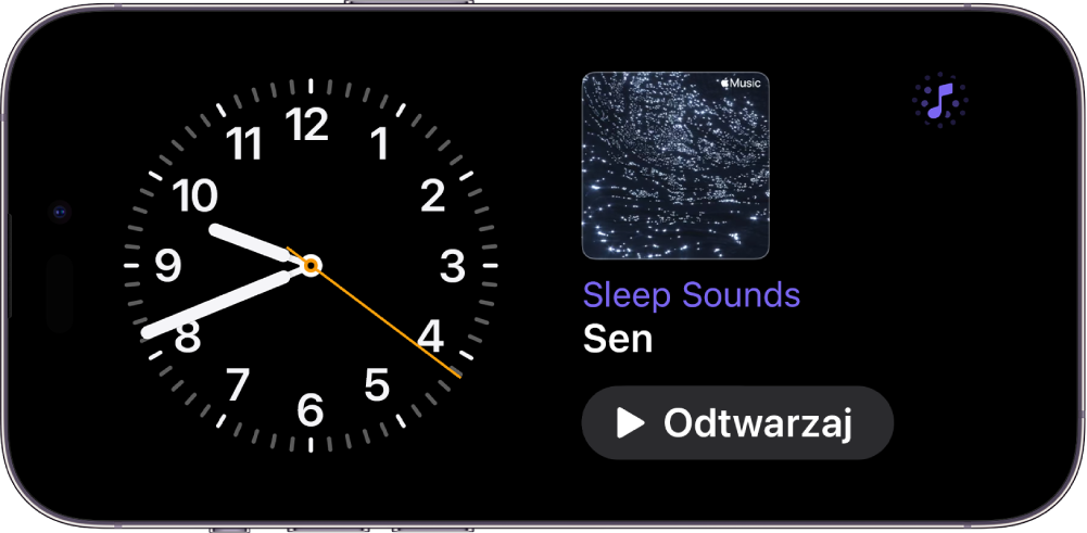 Ekran trybu czuwania iPhone’a z widżetem Zegar i widżetem Tło muzyczne