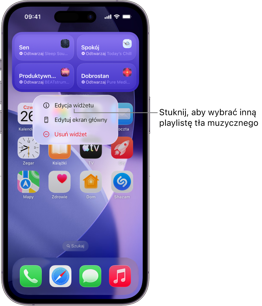 Ekran główny iPhone’a pokazujący element Edycja widżetu w menu widżetów