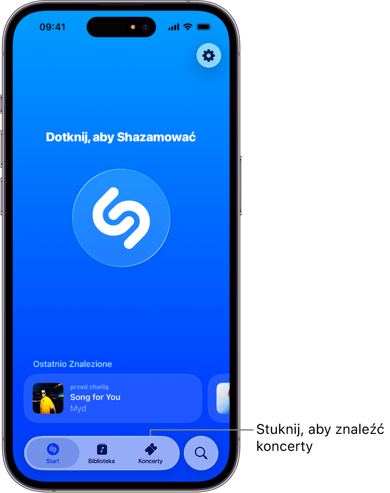 Ekran główny aplikacji Shazam z przyciskiem Koncerty