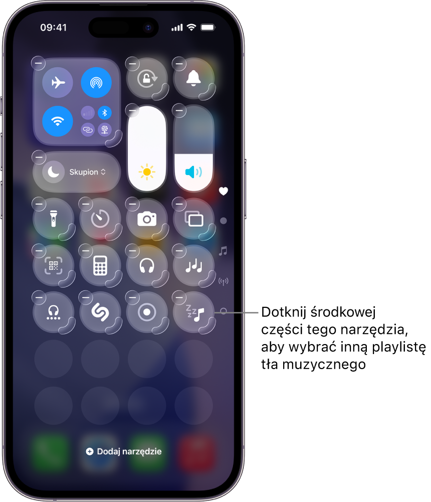Ekran iPhone’a pokazujący centrum sterowania w trybie edycji