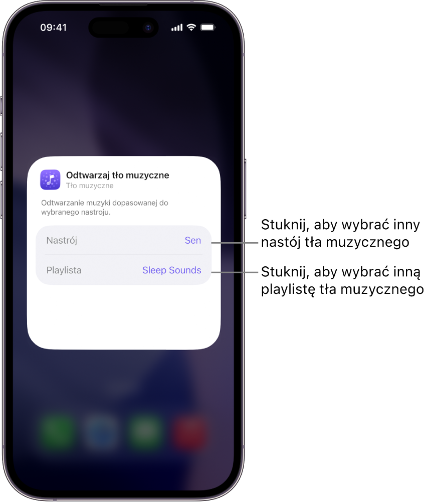 Ekran iPhone’a pokazujący opcje Nastój i Playlista w małym widżecie Tło muzyczne