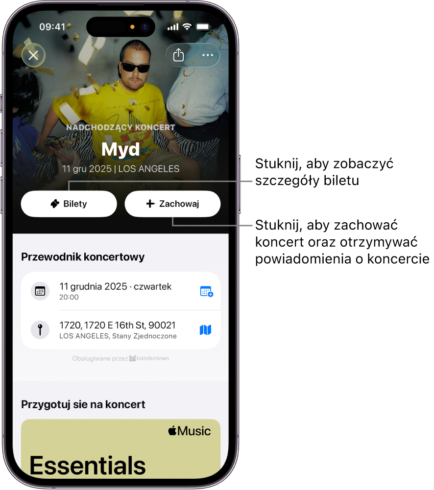 Przewodnik koncertowy w aplikacji Shazam z widocznymi przyciskami Bilety oraz Zachowaj.