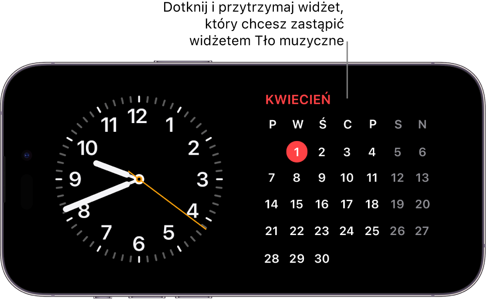 Ekran trybu czuwania iPhone’a z widżetem Zegar i widżetem Kalendarz